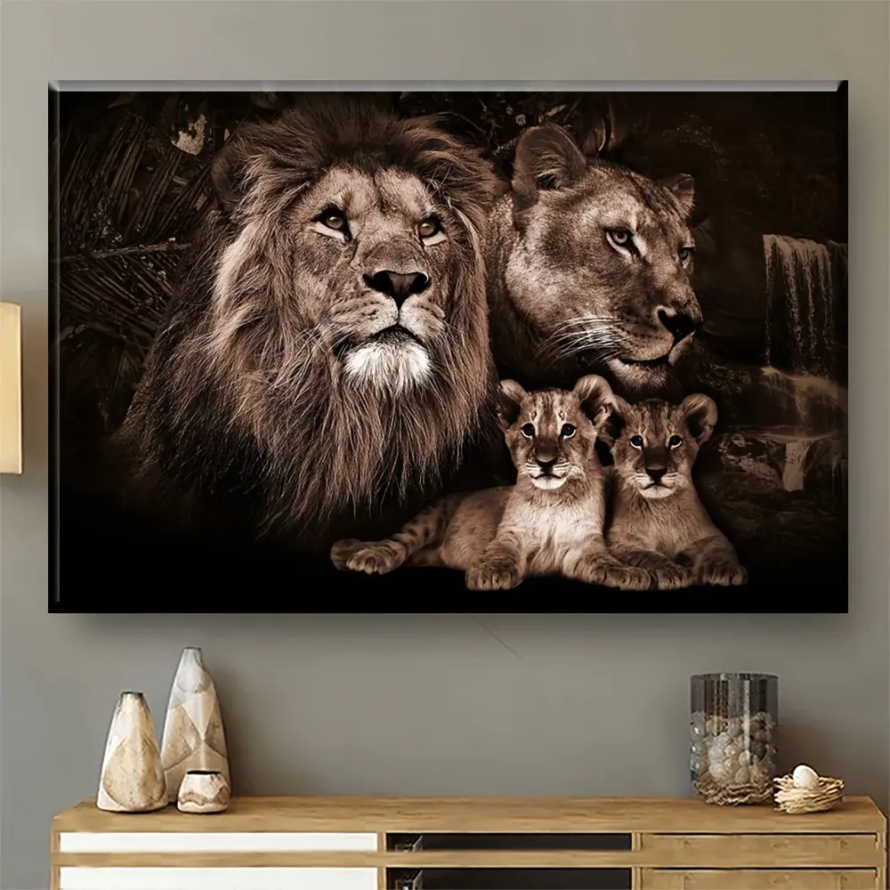 Artistic 4-Piece Lion Family Framed Print, 1pc Modern Simple Oil Cloth Painting, Home Wall Decor, Living Room Hanging Art, Ready-To-Hang Festival Gift For Loved Ones
