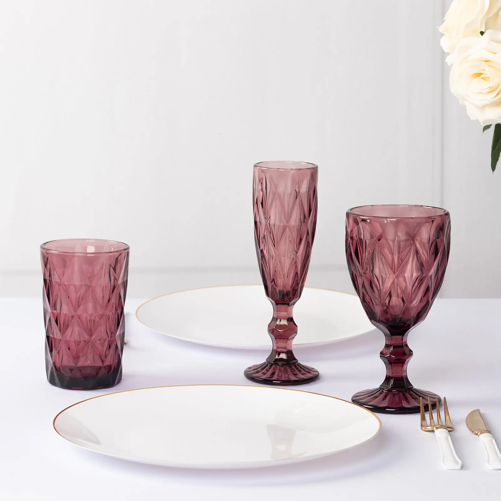 6-Pack Crystal Cut Whiskey Glasses 12oz Textured Design with Heavy Base Dusty Rose 5" - Highball Tumblers for Cocktails & Drinks