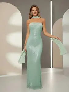 Women's Sequin Splicing Halter Sleeveless Slim Fit Long Dress, Womenswear, Formal Wear, Elegant and Chic, Perfect for Evening Parties, Celebrations, High-End Dates