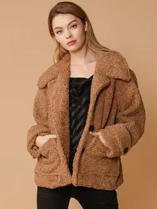 Women's Faux Shearling Jacket – Soft Brown Teddy Jacket with Pockets, Lined for Warmth