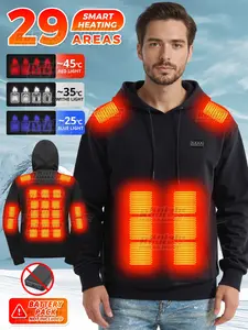 Men's Heating Jacket with 29 Smart Heating Areas, Adjustable Temperature Control, Winter Loose Fit Hooded Outdoor Hoodie Vest Heated Clothing for Hiking, Running, Camping, Outdoor Wear Sweatshirt Hiking Camping Clothes