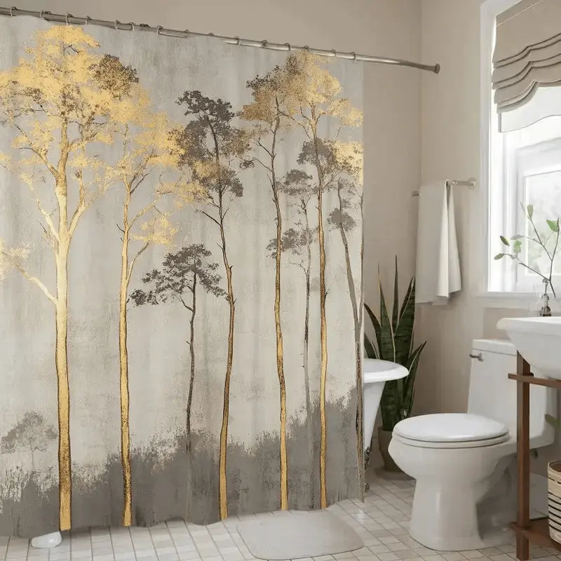 Beige and Gold Leaf Geometric Pattern Polyester Shower Curtain - 1Pc 2D Printed, Easy to Clean, with 12 Hooks for Modern Bathrooms, Spa-Like Elegance