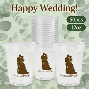 50 wedding plastic cups, 12-ounce disposable wedding cups, thick transparent wedding banquet cups, happy life, wedding cups for newlywed couples, party cups, wedding supplies