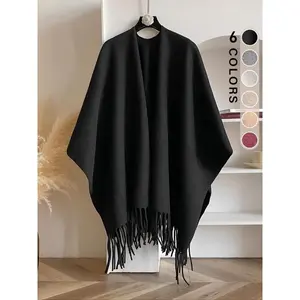 Solid Color Poncho Cape, Casual Fringe Decor Shawl for Women, Fashion Accessories for Fall & Winter