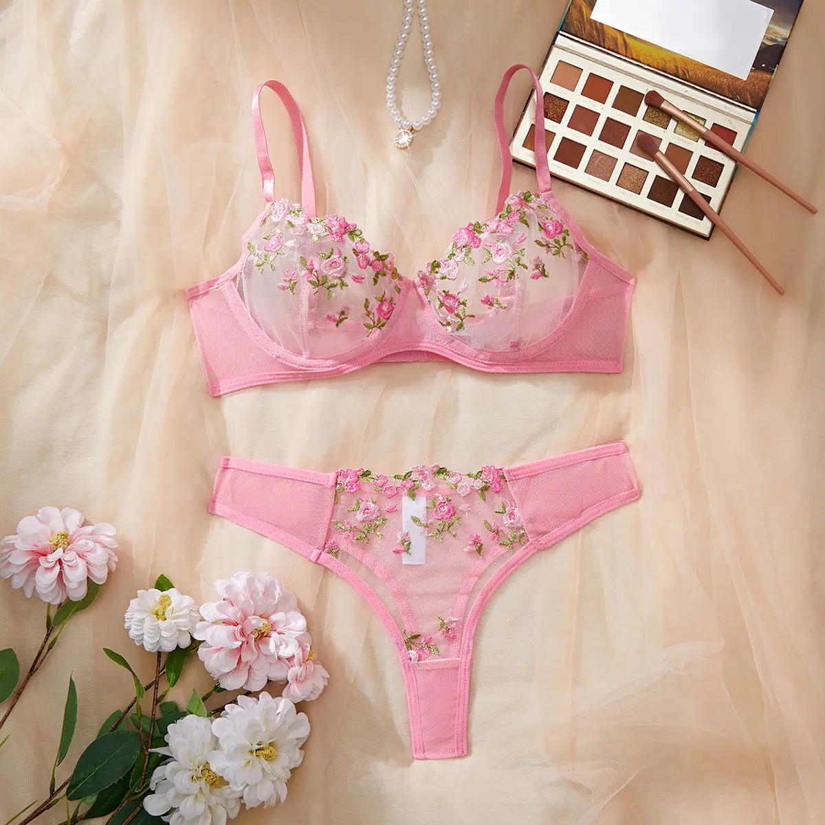 AESKEIA Women's Sexy Lace Lingerie Set, Floral Mesh Bra and High Waist Panty Two Piece Set
