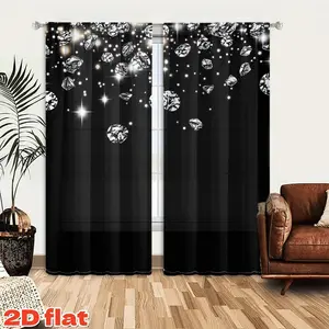 2D Flat 2Pcs Glitter Diamond Pattern Window Curtains, Heavy Curtain, Black Background Aesthetic Drapes with Stars and Bling, Modern Decoration for Home Living Room, Bedroom, Balcony, Kitchen, Study Shower, Christmas Gift, An