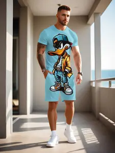 Men's Cartoon Print Short Sleeve T-Shirt and Knee-Length Shorts Set, Breathable Casual Sportswear for Summer Outdoor Activities