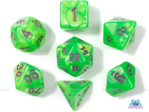Queen's Apple | Green Pearled w Purple Text Acrylic Dice Set (7) | Dungeons and Dragons (DnD)