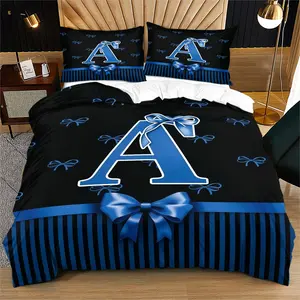 Blue And Black Bow 26 English Letter Pattern Duvet Cover Set, Soft And Comfortable Bedding Set (1 Duvet Cover + 1/2 Pillowcase, No Filler), Suitable For Teenagers And Adults, Bedroom, Dormitory, Guest Room Scene