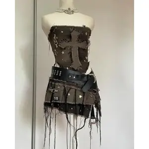 Y2KDenimStitchingandWashingToMakeOldTwo-pieceWoharajukuGothLong-sleevedZipperCoatMiniPleatedSkirtAutumnCoat