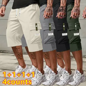 4-Pack Men’s Waist-Cinching Drawstring Cargo Pants, Three-Quarter Length, Large Pockets & Letter Patch – Stylish Casual Summer Workwear Pants
