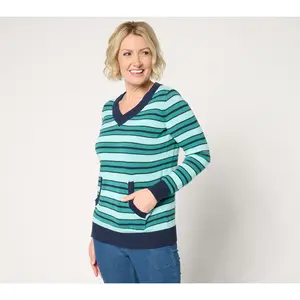 Denim & Co. Archives 100% Cotton Striped V-Neck Sweater