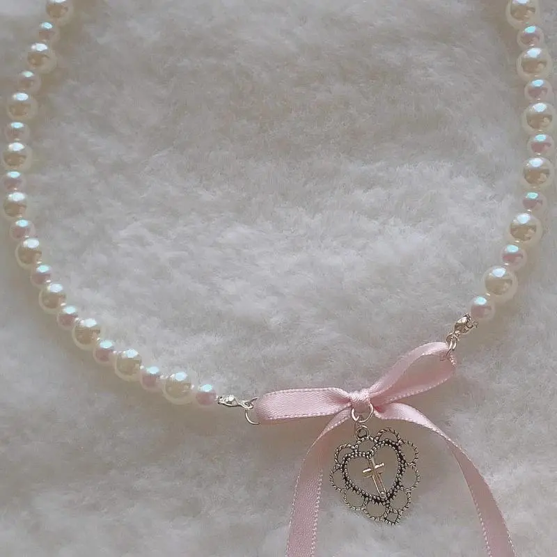 Kpop Goth Pink Ribbon Bow Heart Pendant Imitation Pearl Beads Choker Necklace Y2K Sweet Cute Clavicle Chain Girl Lolita Jewelry