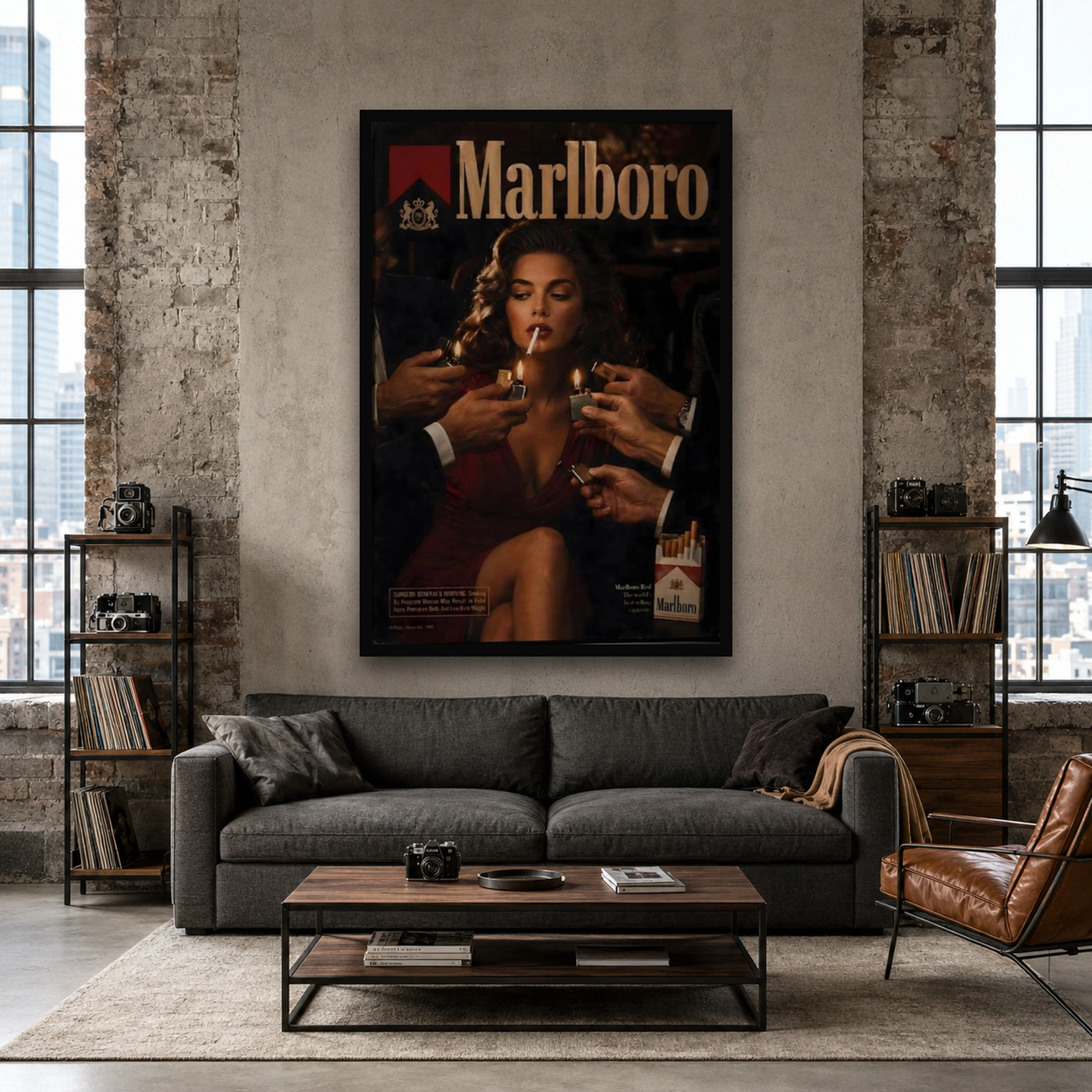 1990s Vintage Cigarette Advertisement Artistic Canvas Painting, Nostalgic Red Wall Decor, Dark Aesthetic Home Decor Gift for Bars & Living Rooms