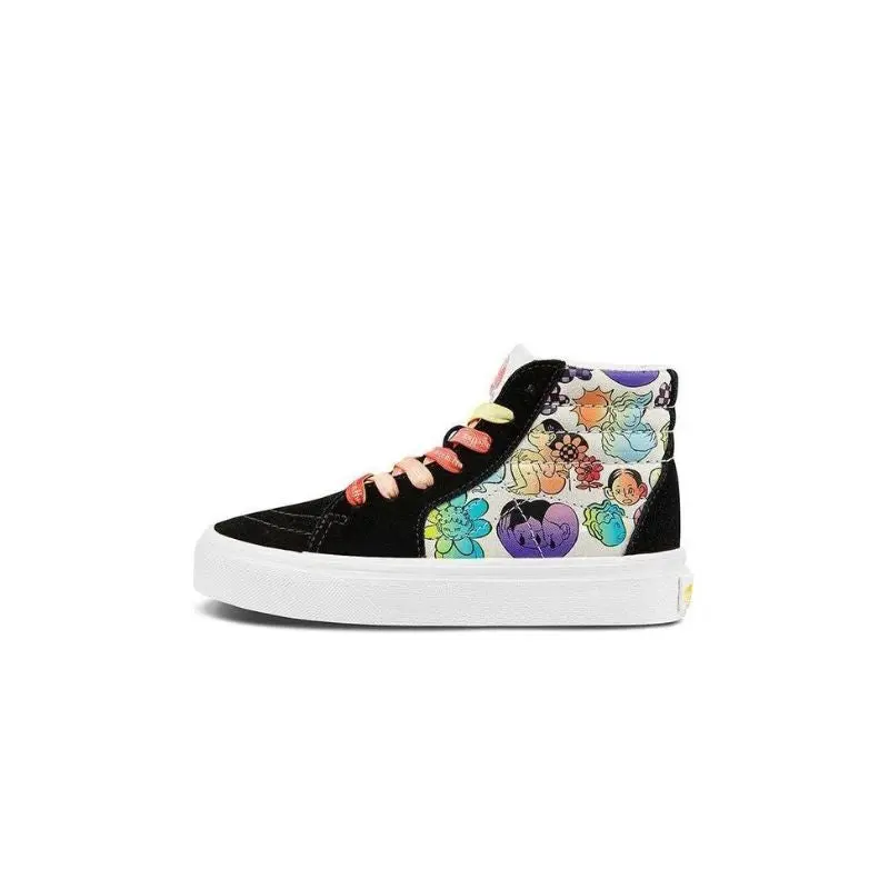 Vans Sk8-Hi Youth Athletic High-Top Sneaker, Black/Multi Suede & Canvas Lace-Up with Supportive Ankle and Waffle Sole, High Top Lace, Adjustable Fit, Casual, Removable Cushioned Footbed, Shoe, Classic