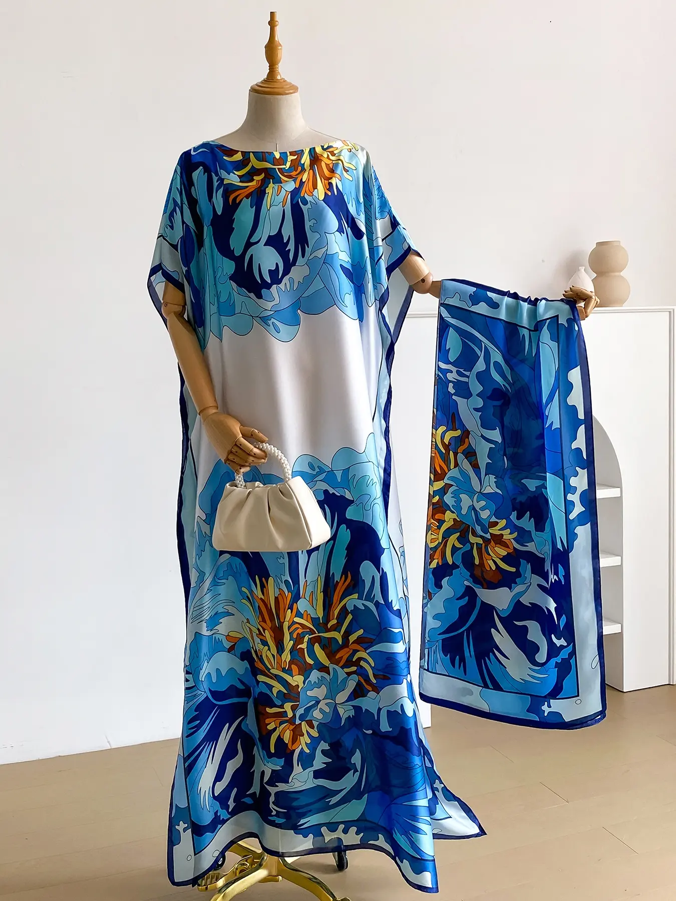 1 Piece Fashion Floral Printed Robe Pullover Shawl moomoo Dress Long Wrap Silk Scarf Headband Ladies Seaside Beach Summer Sunshade Sunscreen Satin Silk Scarf Fabric Lightweight