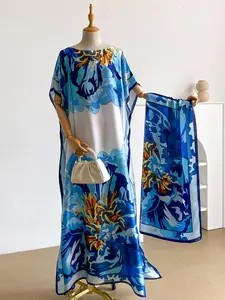 1 Piece Fashion Printed Robe Pullover Shawl moomoo Dress Long Wrap Silk Scarf Headband Ladies Seaside Beach Sunshade Sunscreen Satin Silk Scarf