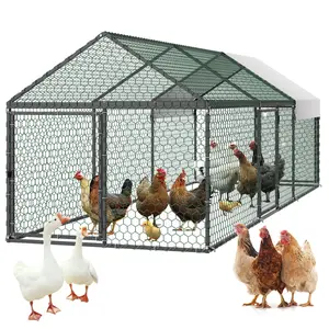 Metal Chicken Coop For 6-8 Chickens With Spire Roof Poultry Run, 3.3 X 9.8 X 3.3 Ft, Small Outdoor Cage With Waterproof Cover And 3 Doors, Compatible With Wooden Coops, Suitable For Rabbits Hens Geese Ducks