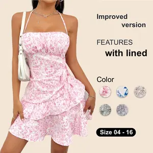 Allover Floral Print Ruffle Trim Tie Side Halter Summer Short Dress Casual Womenswear