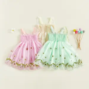 Toddler Girl Sleeveless Dress Floral Embroidery Double Layered A-Line Dress with Sequin Butterfly Wing