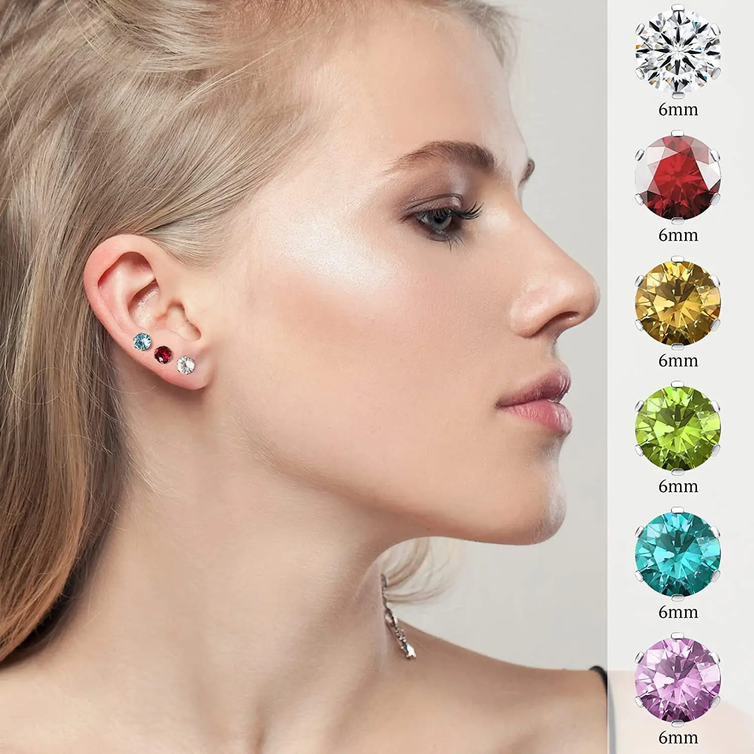 Unisex 12 Pairs 6mm Surgical Steel Hypoallergenic Silver Cubic Zirconia Stud Earrings Set with Unisex Names, Ideal for Everyday Wear & Special Occasions