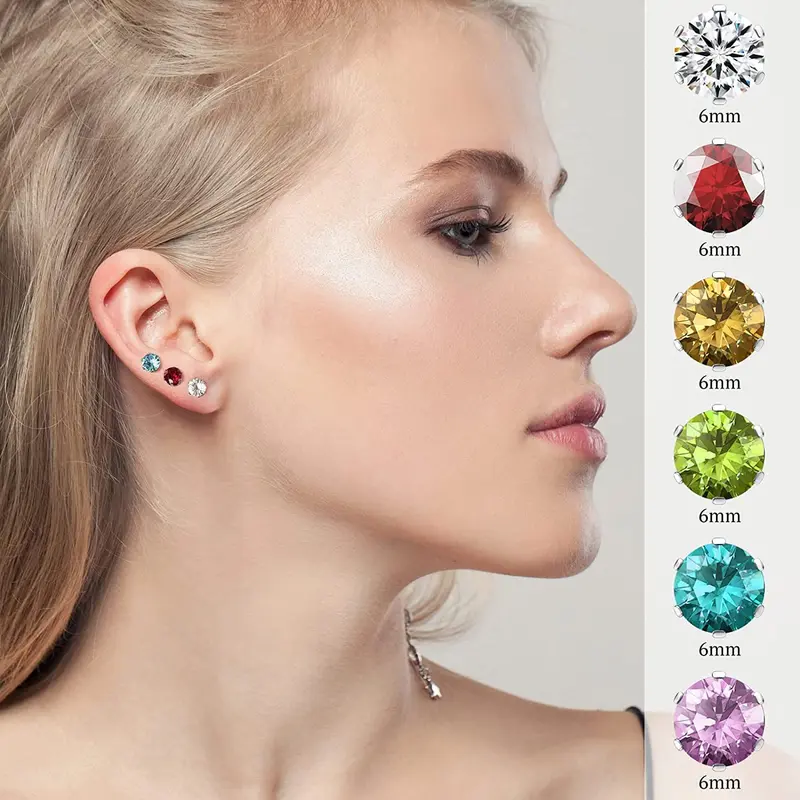Unisex 12-Pair 6mm Surgical Steel Synthetic Hypoallergenic Body-Safe Earrings Set - Silver Cubic Zirconia Studs with Names, Bow Accents, Metal Coating, Everyday Sparkle, Stacking for Daily Elegant & Special Occasion