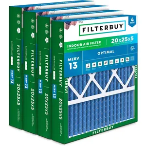 Filterbuy 20x25x5 Air Filter (4-Pack), Pleated MERV 13 Optimal Defense HVAC AC Furnace Air Filters for Honeywell FC100A1037, Lennox X6673, Carrier, and More
