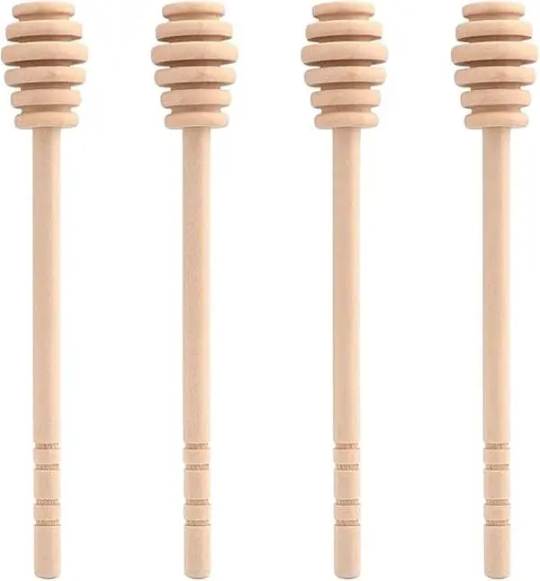 4 Pcs 6.3 Inch Wooden Honey Mixing Stirrer Dipper Sticks for Dispensing & Drizzling - Natural Wood Honey Comb Spoons for Jam & Molasses - Easy to Use with Deep Grooves & Long Handle