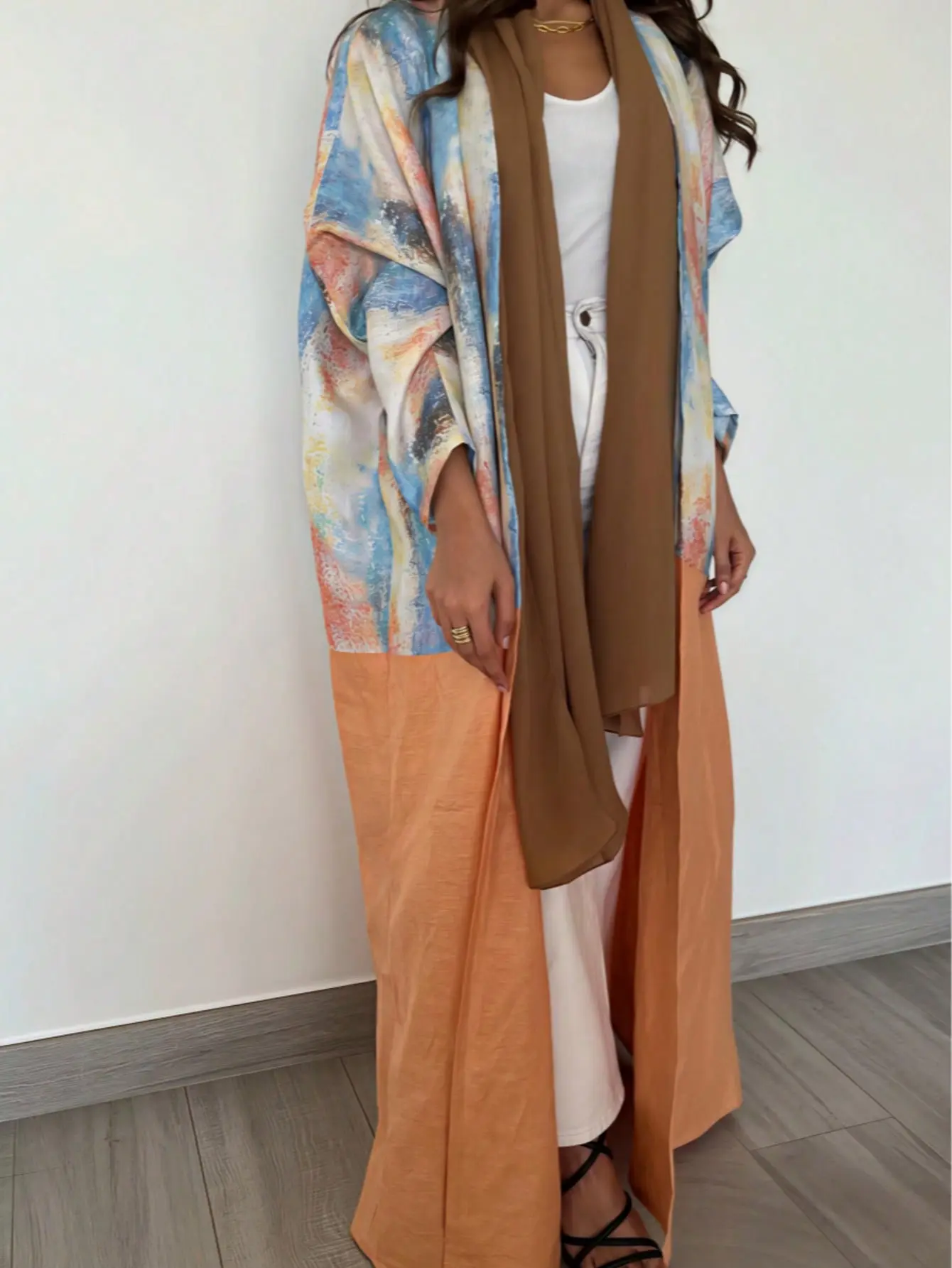 L111(Watercolor Print Abaya with Orange Hem | Summer Modest Wear)