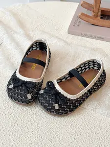 Baby Girl Hollow Out Mesh Shoes with Bow Rhinestone Decor, Breathable Lace Net Fabric, Soft Rubber Sole, Round Toe Low Heel, Soft Soled Shoes