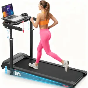 Treadmill with Desk Workstation & Adjustable Height, 450 lbs Weight Capacity, Folding Treadmill with 5%/15% Incline, Bluetooth Speaker & App, Portable 3.5HP Walking Pad with Desktop for Home Office