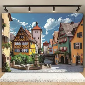 Munich Oktoberfest-Inspired Beer Festival Backdrop - Vintage German Town Design, Single-Sided Print, Polyester, Perfect for Living Room & Outdoor Decor, No Power Needed (99.06x149.86cm / 179.8