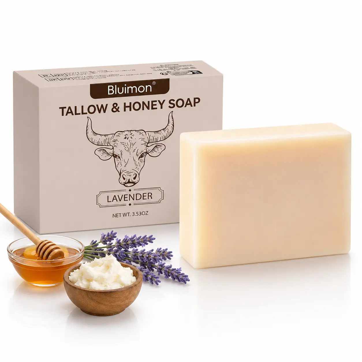 Bluimon Lavender Tallow & Honey Body Wash Soap - Rich Lather, Lavender Aroma Cleansing Bar for Daily Hand & Body Bath, Beauty & Personal Care Item