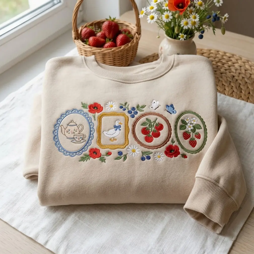 Embroidered Cottagecore Goose Sweatshirt, Vintage Strawberry Farm Shirt, Floral Goose Tee, Farmcore Aesthetic, Farmhouse Gift