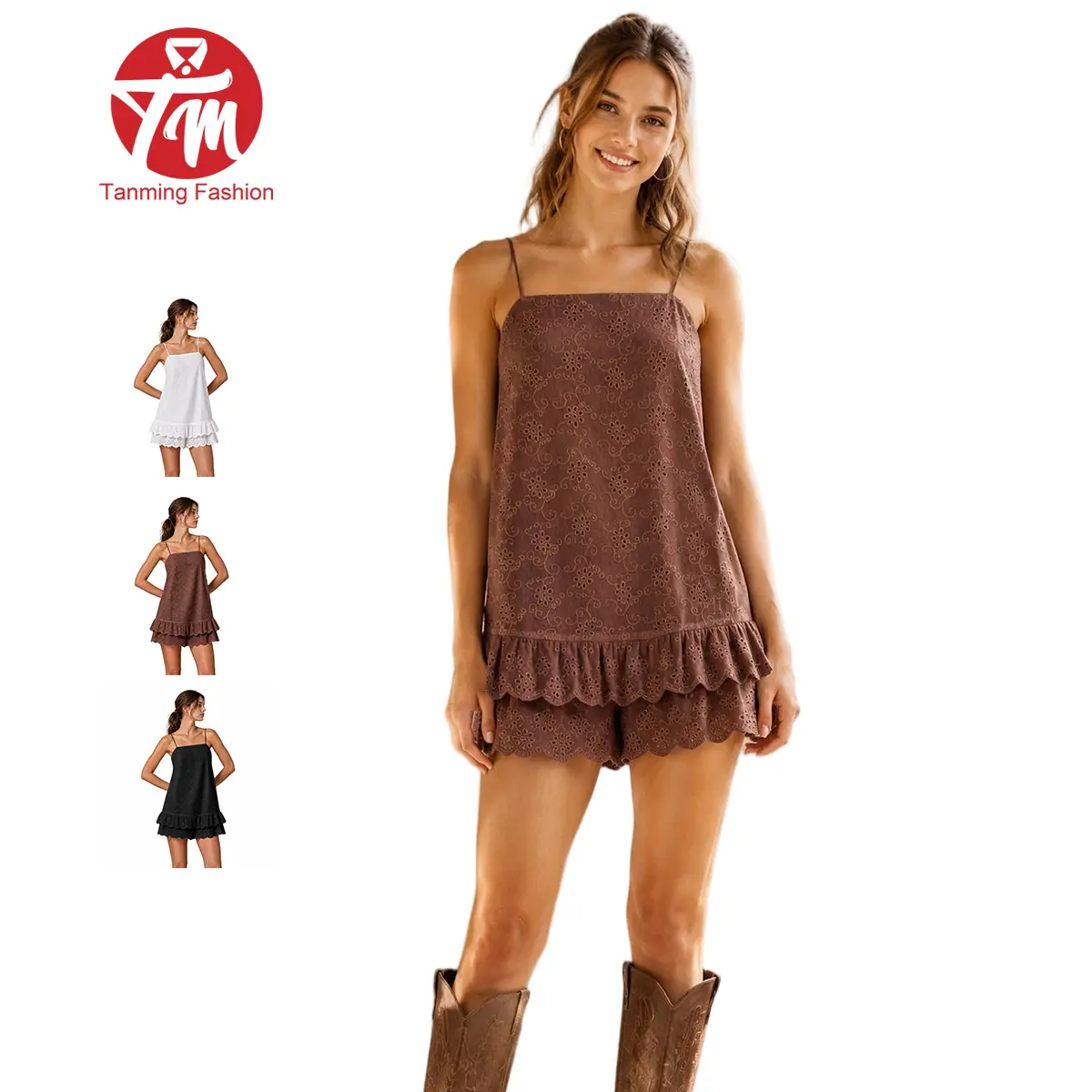 Tanming Boho Floral Eyelet Cami Romper Casual Embroidery Spaghetti Strap Tiered Ruffle Bohemian Adjustable Tie-Back Mini Romper Dress with  Shorts