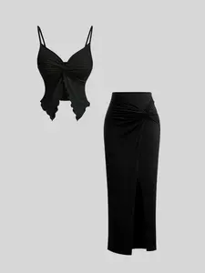 European and American classic and elegant fashion trendy women's simple and high-value solid color sleeveless skirt suit