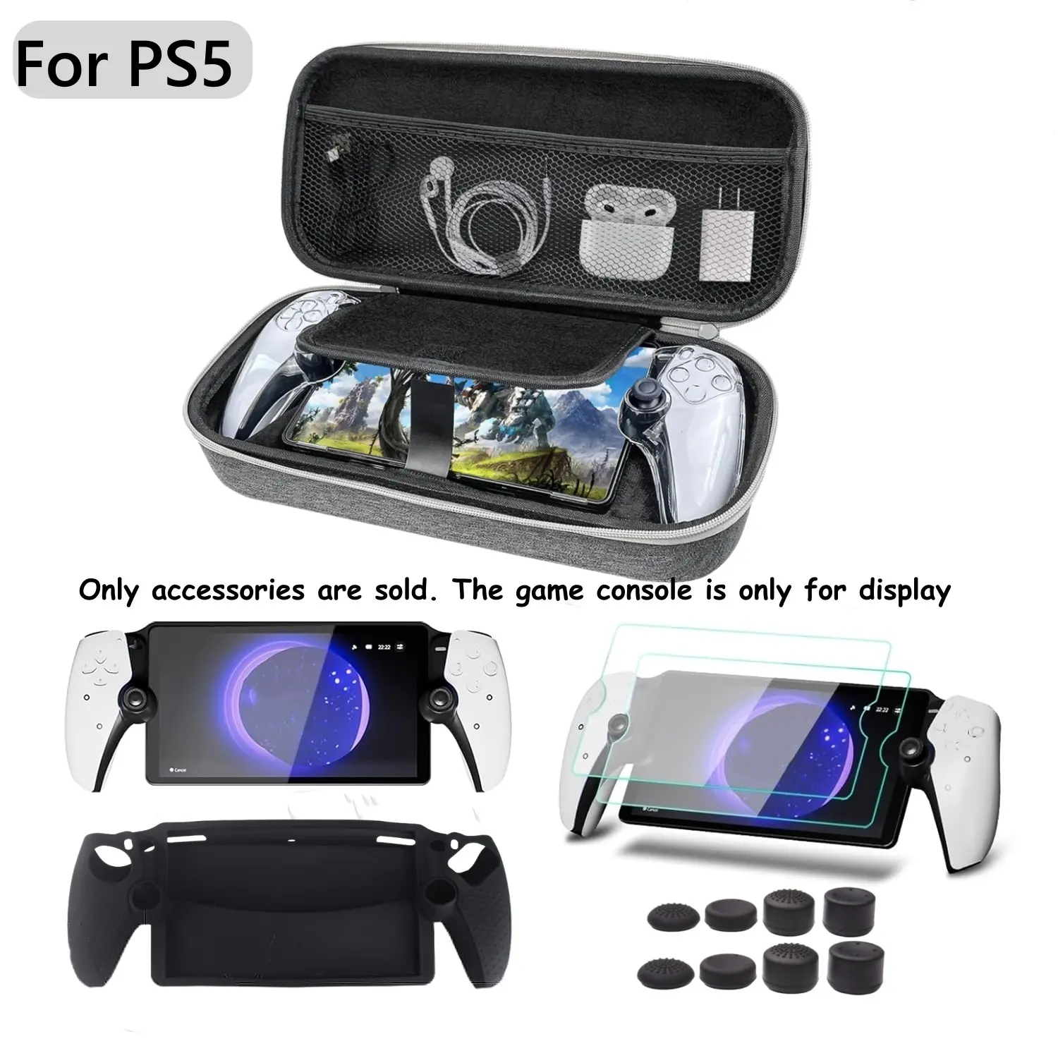 Hard Carrying Shell Case for PlayStation Portal Remote Player - with 2 Screen Protector, 1 Grip Case, 8 Thumb Grip Caps, Hard Outer Cover for PS5 Portal, Black gray, Game Console Accessories, Gaming Console Accessories