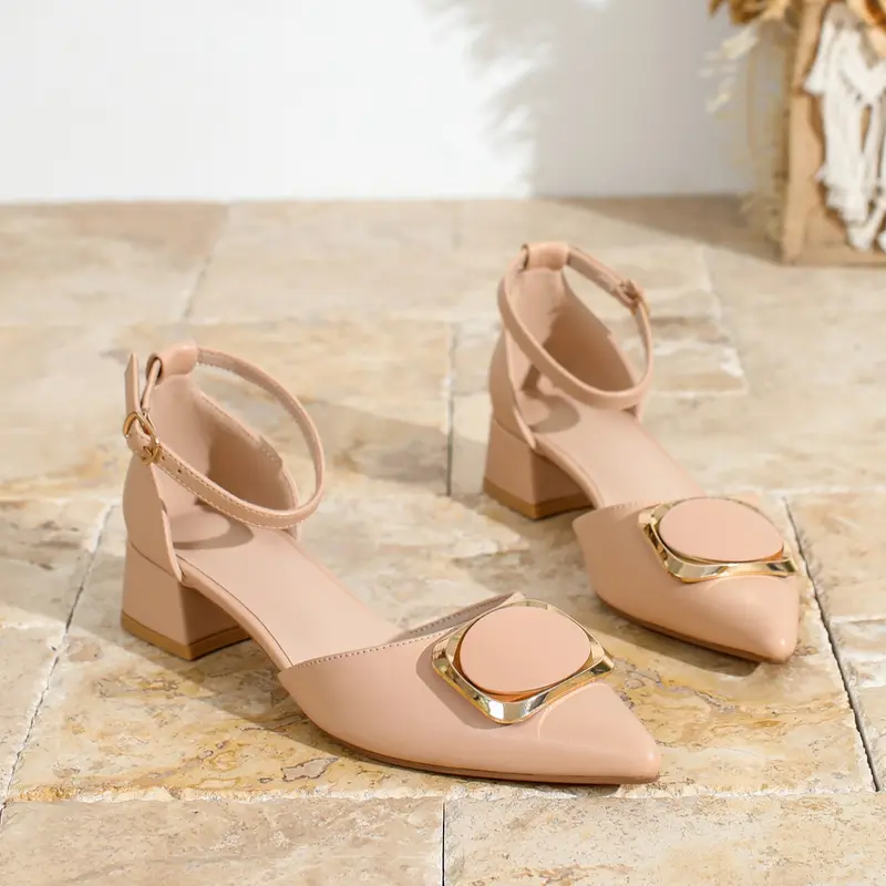 Elegant Women's Heeled Shoes - Plain Color, Ankle Strap, Pointed Toe, Mid-Heel, Fashionable Sandals, Adjustable Buckle Sandals | Wedding Party Banquet Vacation Date Gift French Style Ankle Strap Footwear