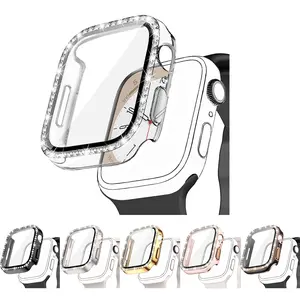 1pc Men Women Shiny Rhinestone Decor Fashionable Glamorous Anti-fall 2 In 1 Ultra-Thin Tempered Glass Screen Protector Watch Case, For Apple Watch Case 38/40/41/42/44/45/46Mm, For Apple Watch Series SE/11/10/9/8/7/6/5/4/3/2/1, Watch Screen Cover