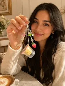 Kawaii Heisei Retro Pudding Charm Keychain with Strawberry Pendant and Sweet Candy Beads, Cute Anime Purse Charm Accessory for Tote Bag Backpack Phone Strap, Fashion Gift for Girlfriend Wife Daughter Mom on Christmas Birthday Valentine is Day
