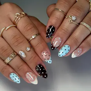 Y2K Polka Dot Press On Nails, Blue Polka Dot Press On Nails, Cute Pastel Brown Nail Setm Y2K French Tip Nails, Brown and Baby Blue Nails