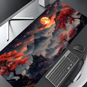 Red Moon Fantasy Mountain Landscape Design Large Gaming Mouse Pad,Aesthetic Desktop Drotection Pad,Washable Rubber Pad Non-Slip Lock Edge Multi-Size Mouse Pad Suitable For Home Office, Office Supplies, Good Gift for Family and friends