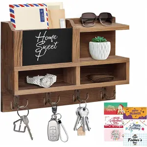 Key Holder Wall Mount  Wooden Mail And Organizer With Chalkboard Mirror 3 Greeting Cards 8 Hooks Brown Type 2