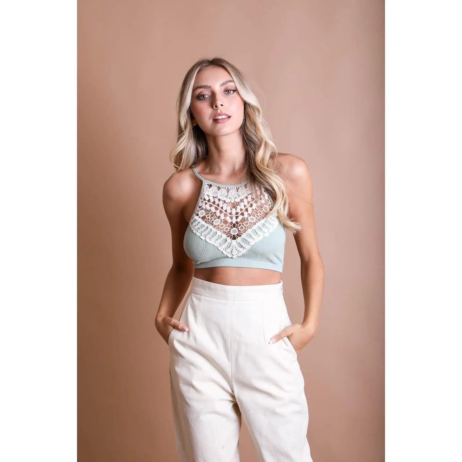 Crochet Lace High Neck Bralette Halter Style with Cross-Back