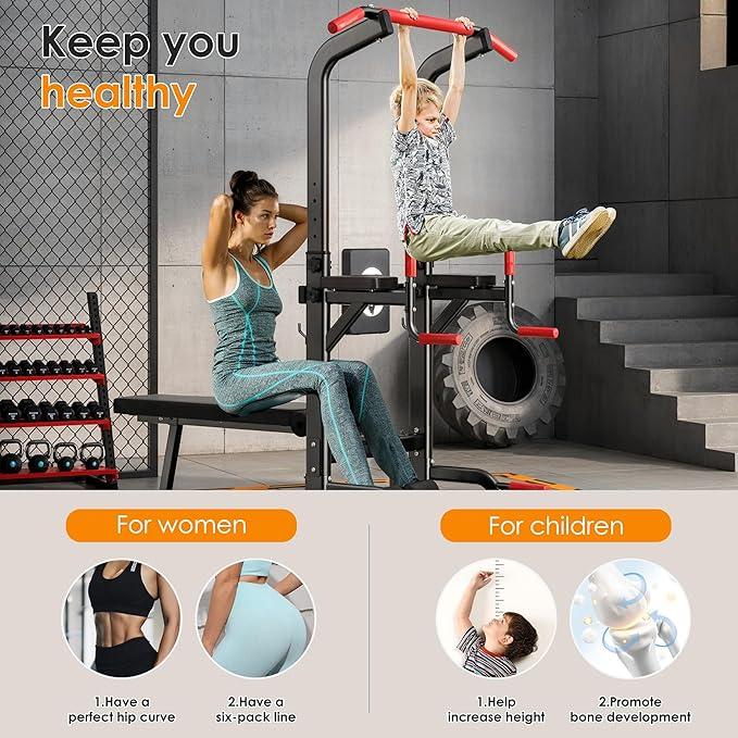 Nicole Selection Multi-Function Power Tower - Adjustable Pull Up & Dip Station with Folding Bench 330LBS Capacity Home Gym Equipment for Full Body Workout, 40YKMF6206B, For Christmas Gifts