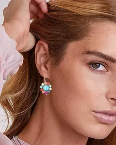 Delicate Silver Plated Dangle Earrings - Vintage Flower & Colorful Turquoise Inlaid, Retro Boho Female Jewelry