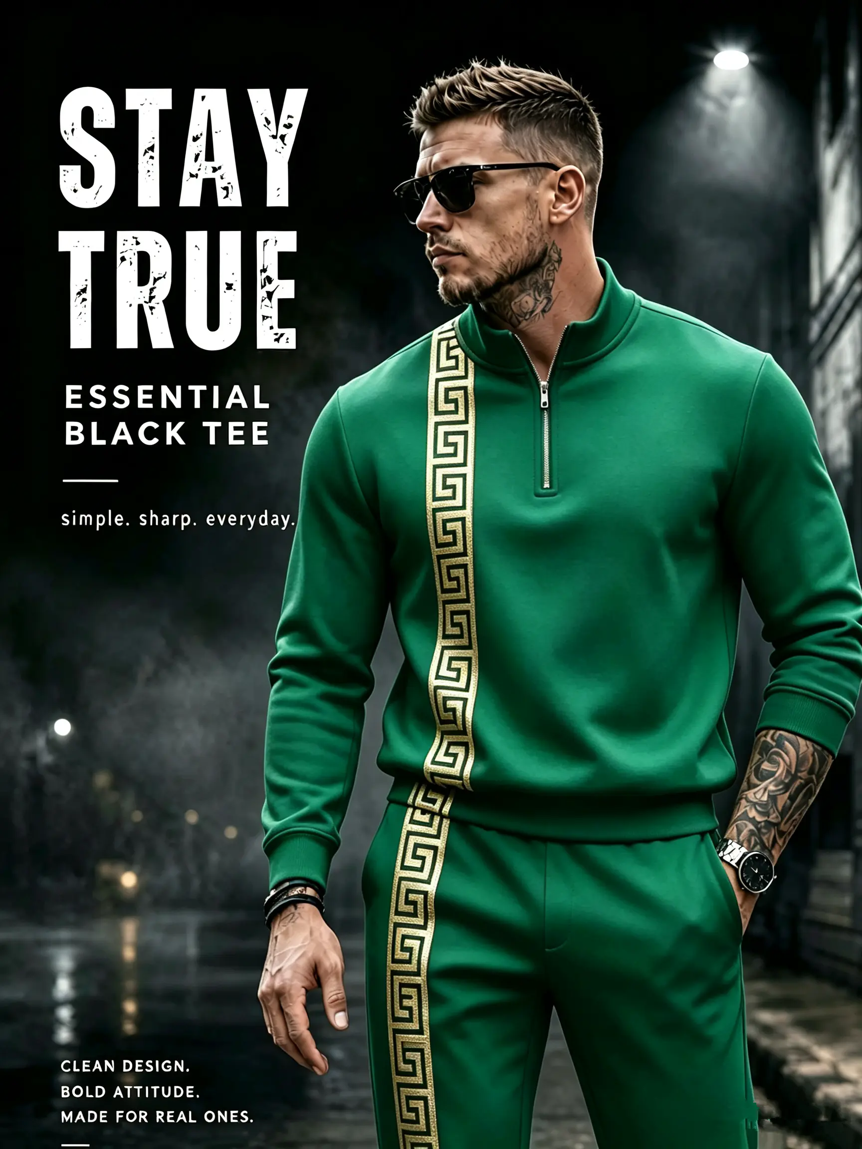 Men's 2 Piece Half Zip Tracksuit Set Black Gold Greek Key Side Stripe Stand Collar Long Sleeve Sweatshirt & Sweatpants Casual Athletic Streetwear Outfit for Daily Jogging Lounge
