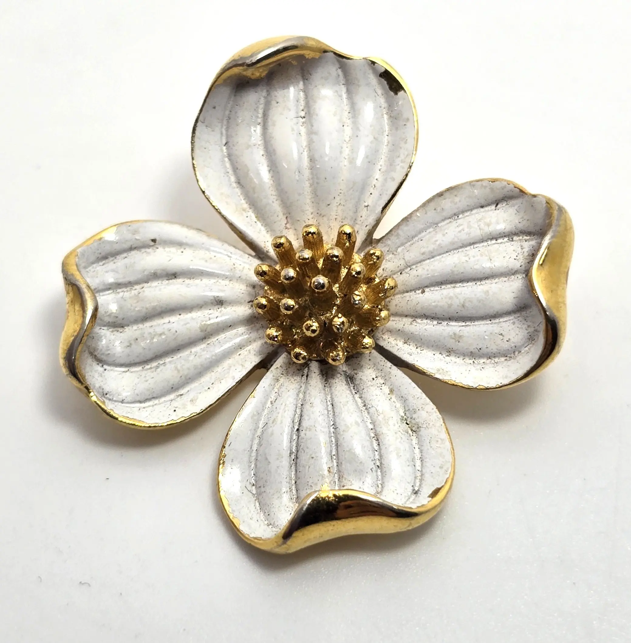 Trifari vintage brushed white Dogwood Flower gold toned signed brooch