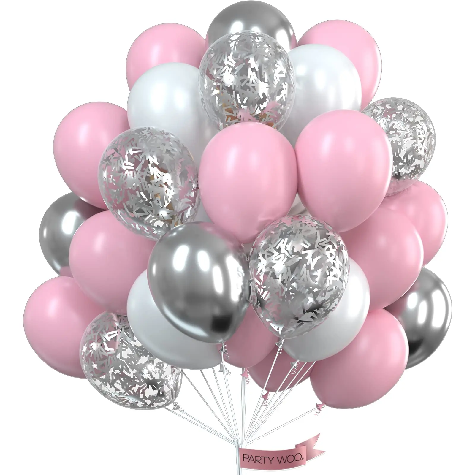 PartyWoo 66-Piece 12in Thick Round Rubber Decorative Balloons Set - Pearl White, Baby Pink, Silver Confetti, Pearl - Festive, Birthday Theme for Balloon Garland, Bachelorette Party Decorations, Decorative Balloons Balloons