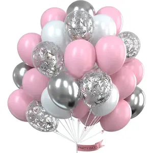 PartyWoo Pink White and Silver Balloons 65pcs 12 Inch Baby Pink Pearl White Silver Confetti Balloons for Graduation Baby Shower Birthday Gender Reveal Anniversary Bachelorette Party Decorations